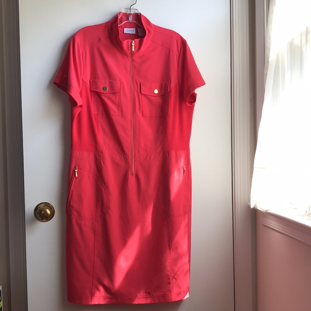 Chico’s Coral Shirt Dress Zip Front Utility Dress Easy care size 1.5 /M/10 Midi - Picture 3 of 11